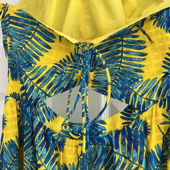TANYA TAYLOR Palm Print Blue Yellow Halter Cutout Midi Dress 2 - Picture 5 of 10